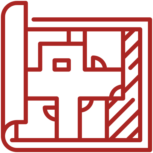A red line drawing of a laptop with a maze on the screen and a dollar sign in the center, symbolizing navigating financial challenges or solutions using technology.