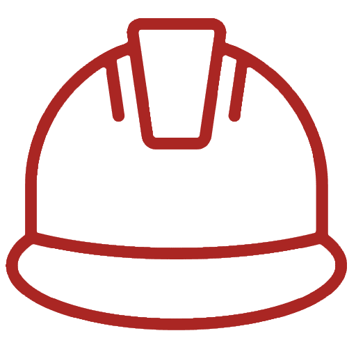 A simple red outline of a construction hard hat, viewed from the front.