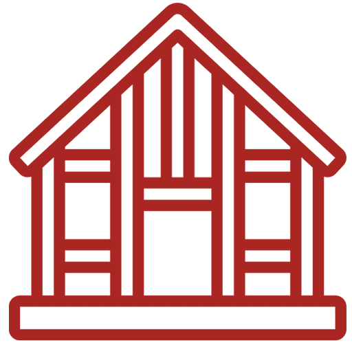 Red outline icon of a school building with a large central entrance, multiple windows, and a triangular roof. The building is inside a diamond-shaped border.