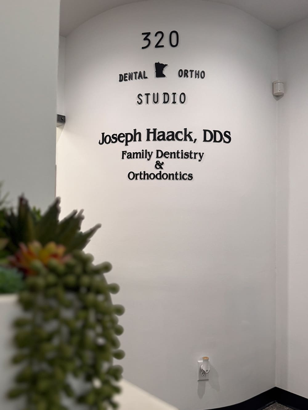 A white wall displays black lettering that reads "320 Dental Ortho Studio, Joseph Haack, DDS, Family Dentistry & Orthodontics." A green plant is partially visible in the foreground.