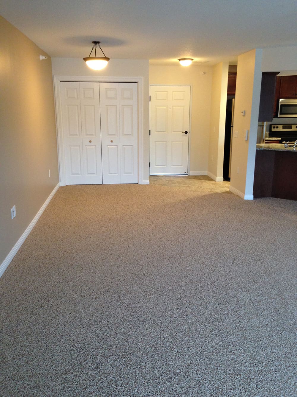 A bright, empty living room in one of the Rental Condos on 1st Avenue features beige carpet, tan walls, and white trim. Double white closet doors and a partial view of a kitchen with stainless steel appliances are visible. Ceiling lights are on.