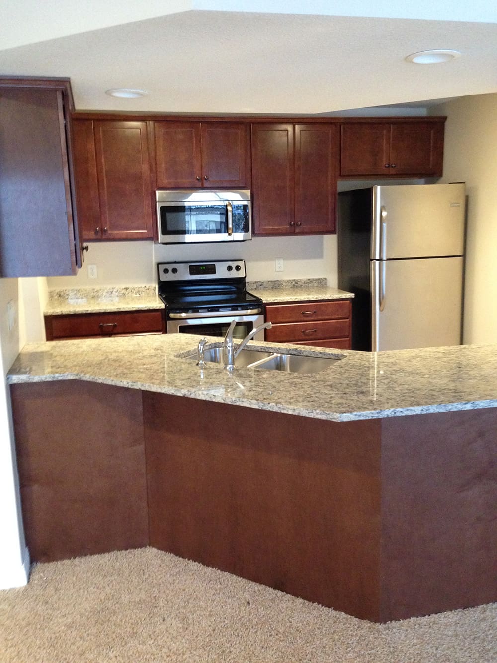 Modern kitchen in Rental Condos on 1st Avenue, featuring stainless steel appliances, brown cabinets, granite countertops, double sink, built-in microwave, and a beige carpeted area in the foreground.